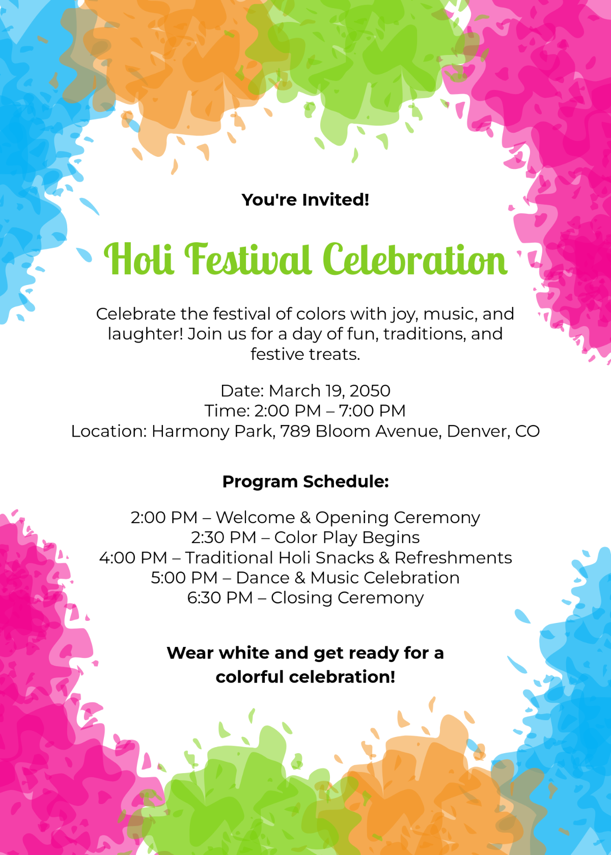 Simple Holi Invitation with Program Template - Download | Template.net
