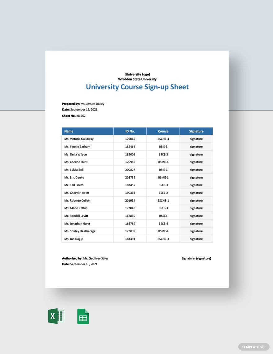 University Course Sign Up Sheet Template