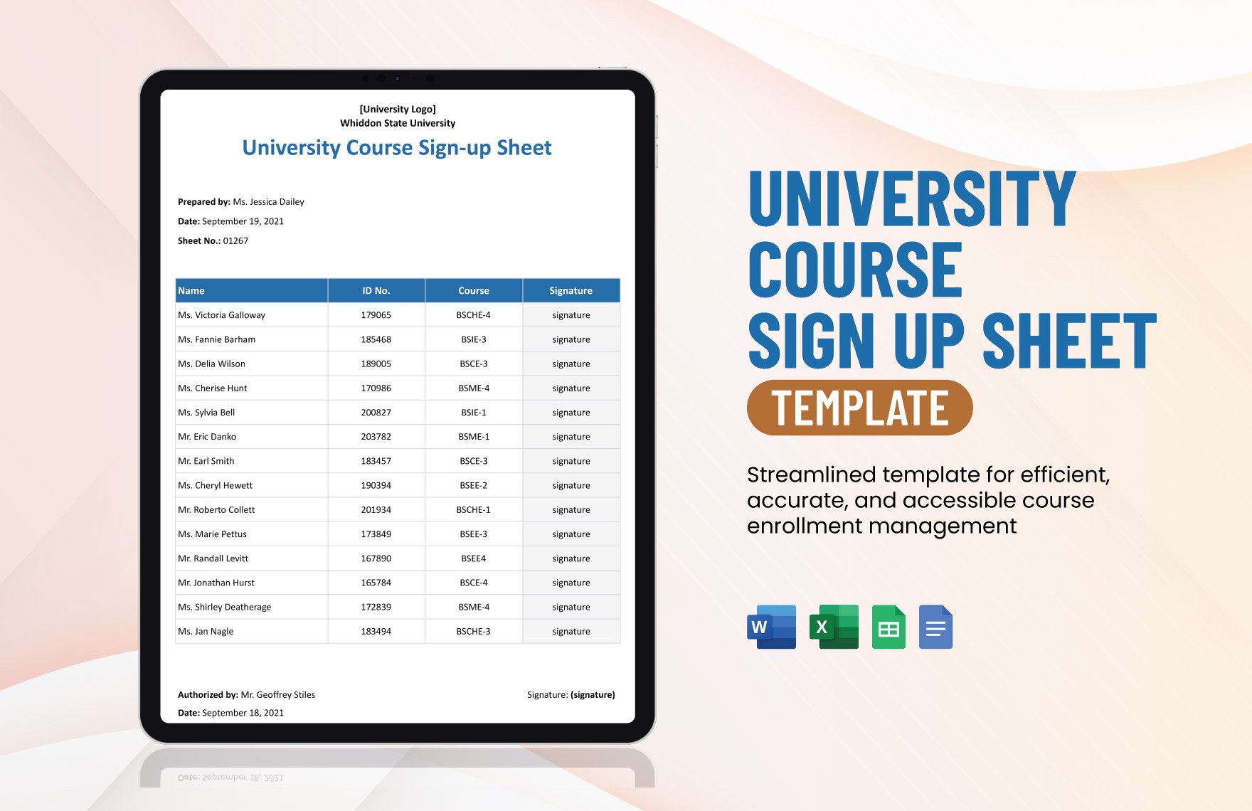 University Course Sign Up Sheet Template in Word, Google Docs, Excel, Google Sheets