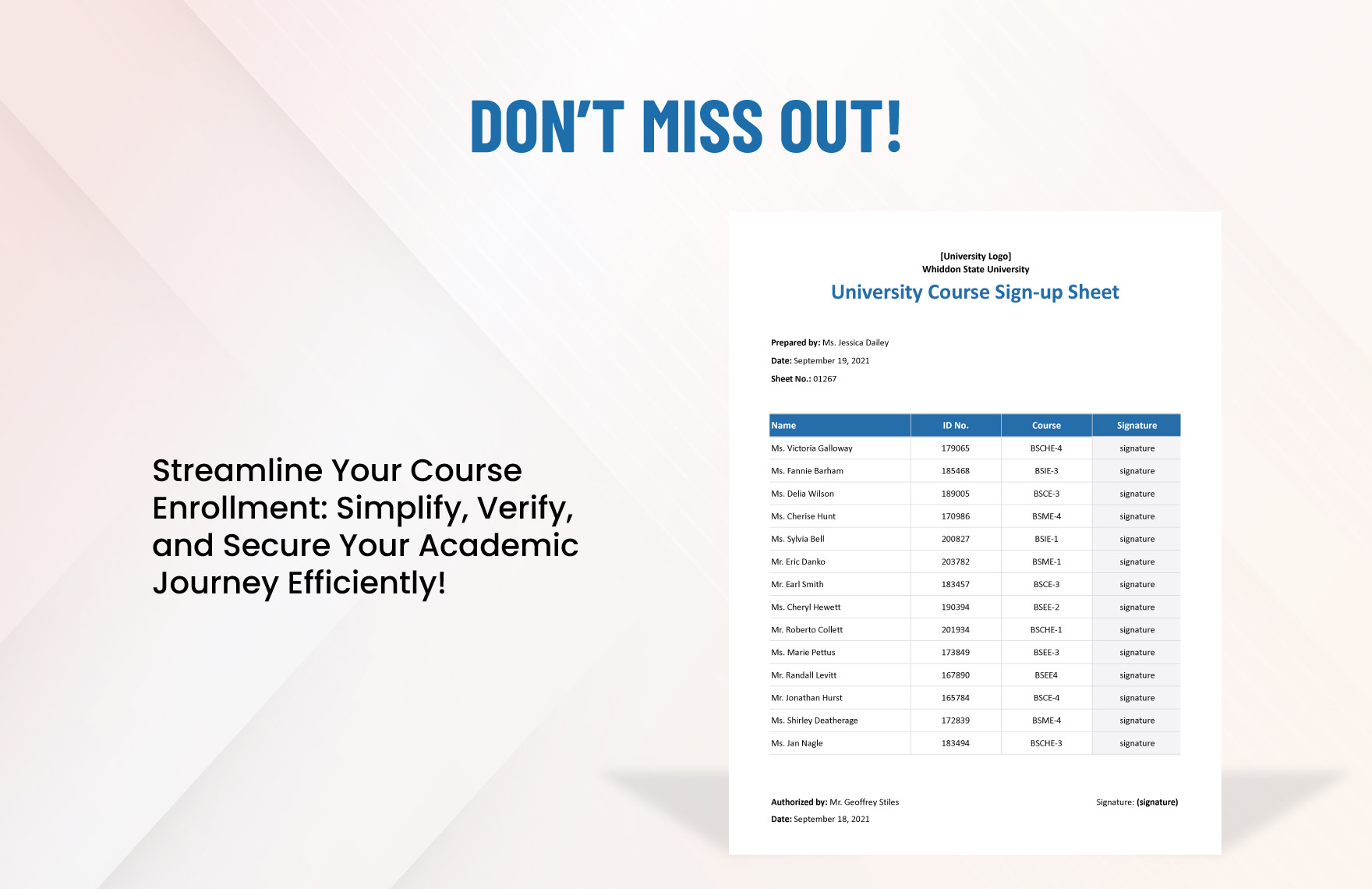 University Course Sign Up Sheet Template