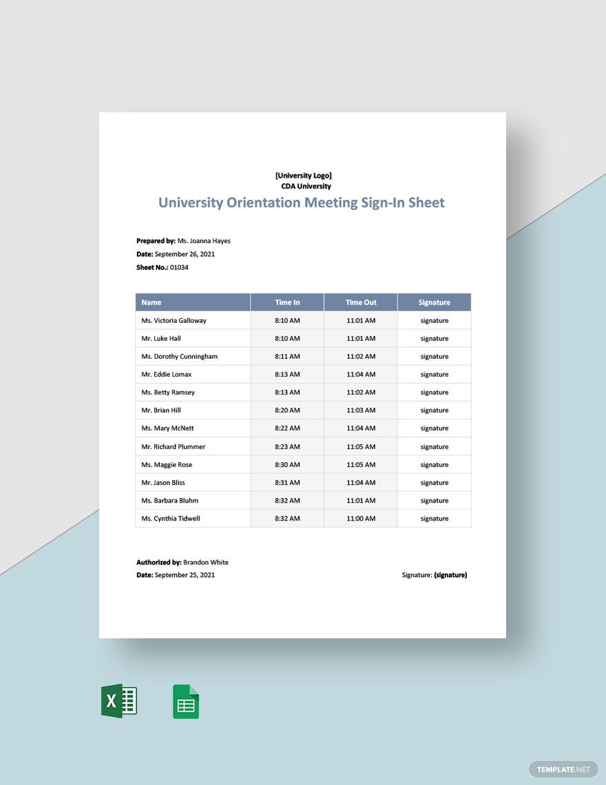 Free University Orientation Meeting Sign In Sheet Template