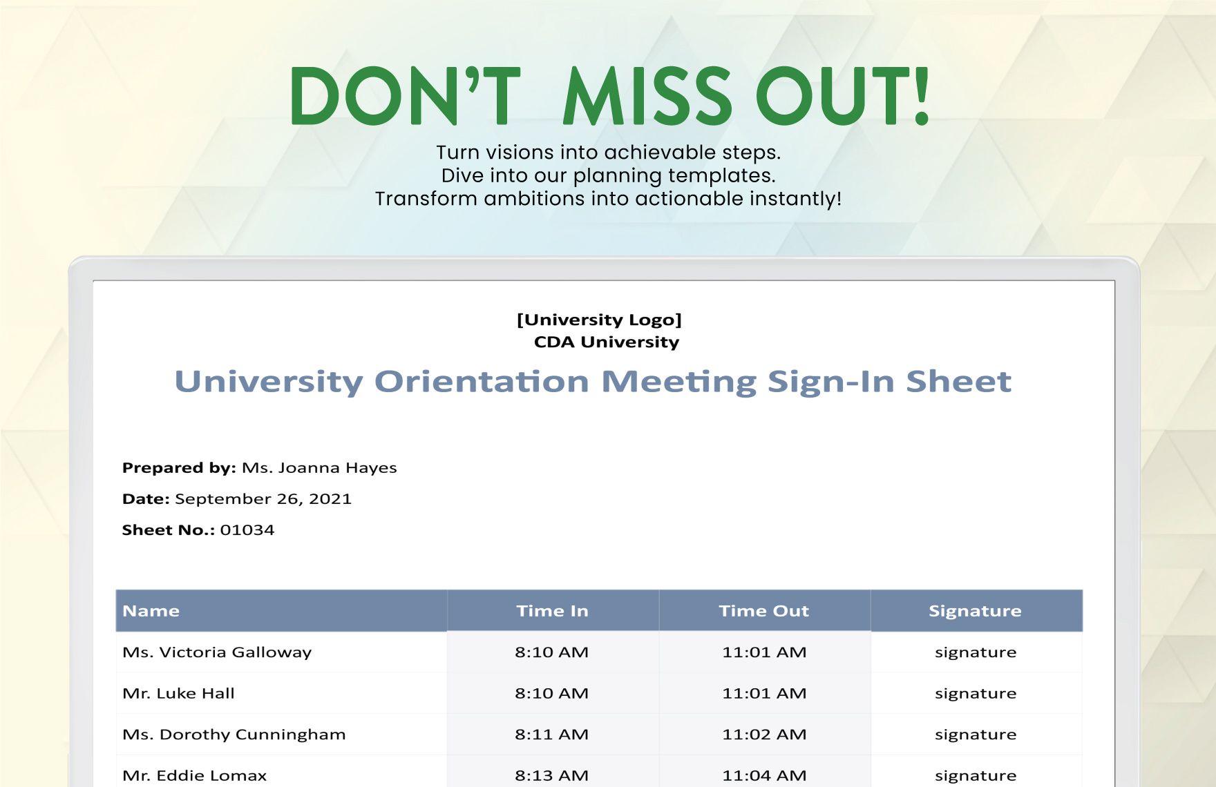 University Orientation Meeting Sign In Sheet Template
