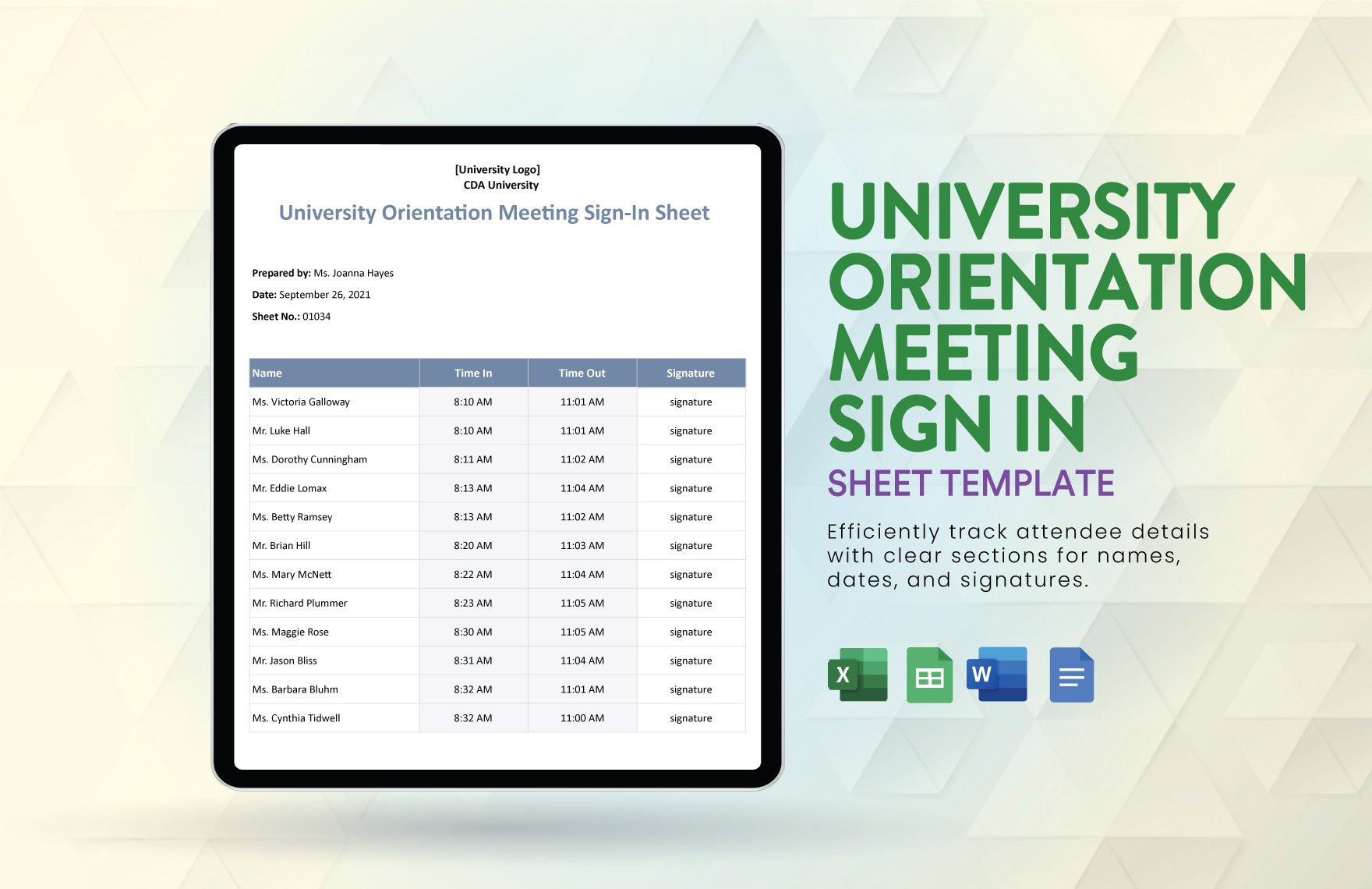 University Orientation Meeting Sign In Sheet Template in Word, Google Docs, Excel, Google Sheets