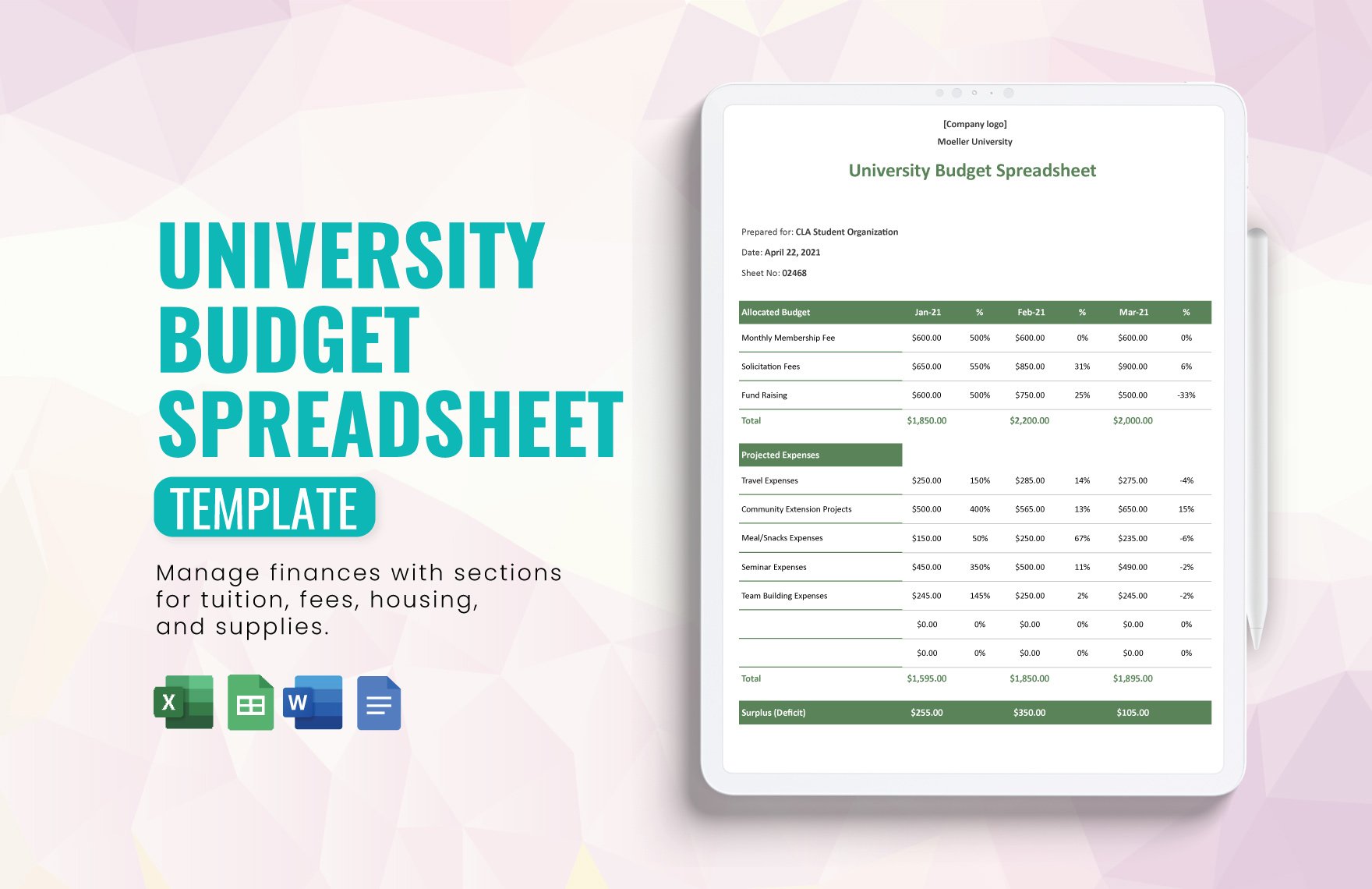 University Budget Spreadsheet Template in Word, Google Docs, Excel, Google Sheets