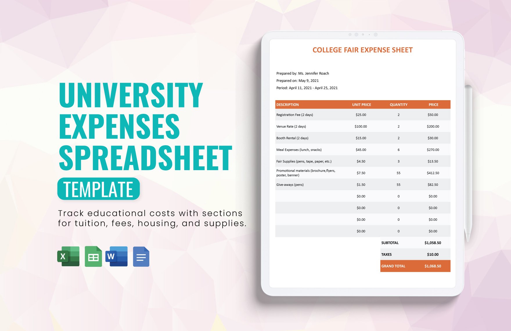 University Expenses Spreadsheet Template in Word, Google Docs, Excel, Google Sheets