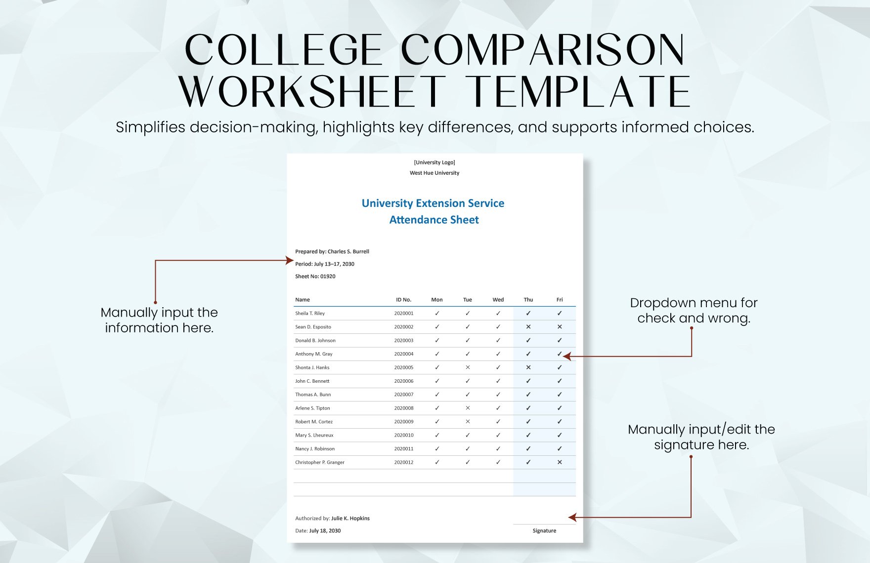 College Comparison Worksheet Template