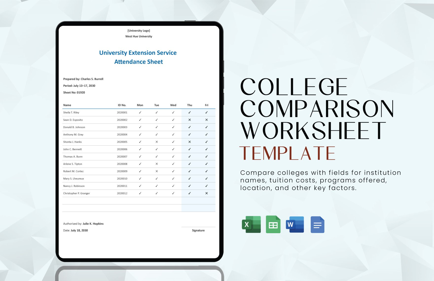 College Comparison Worksheet Template in Word, Google Docs, Excel, Google Sheets