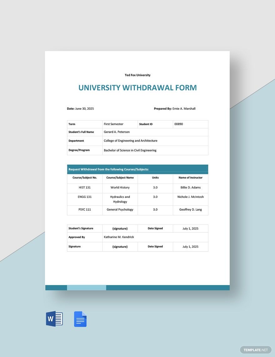 University Withdrawal Form Template In Word Google Docs Download 