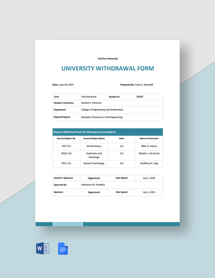 University Withdrawal Form 