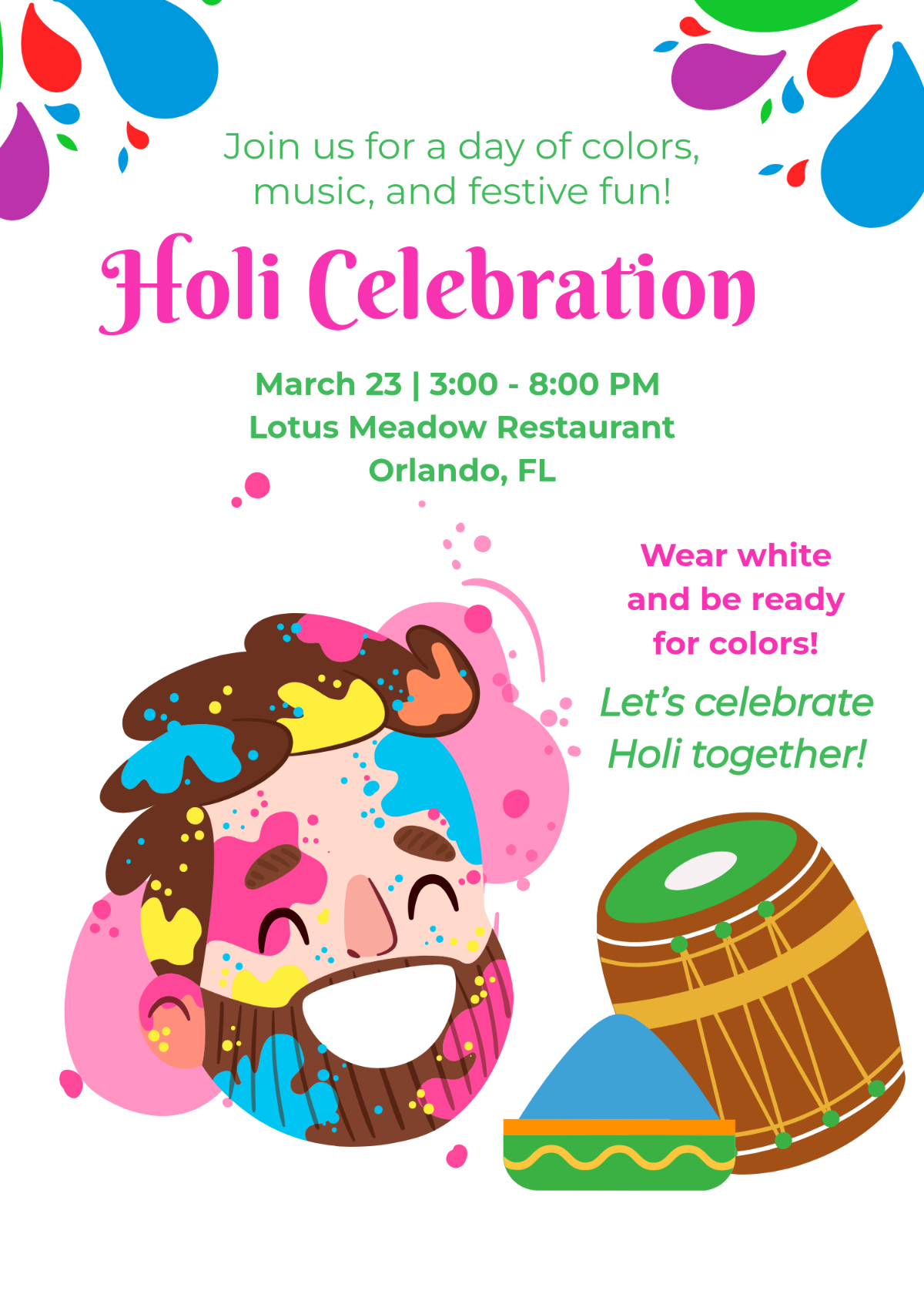 Holi Invitation with White Background Template - Edit Online & Download