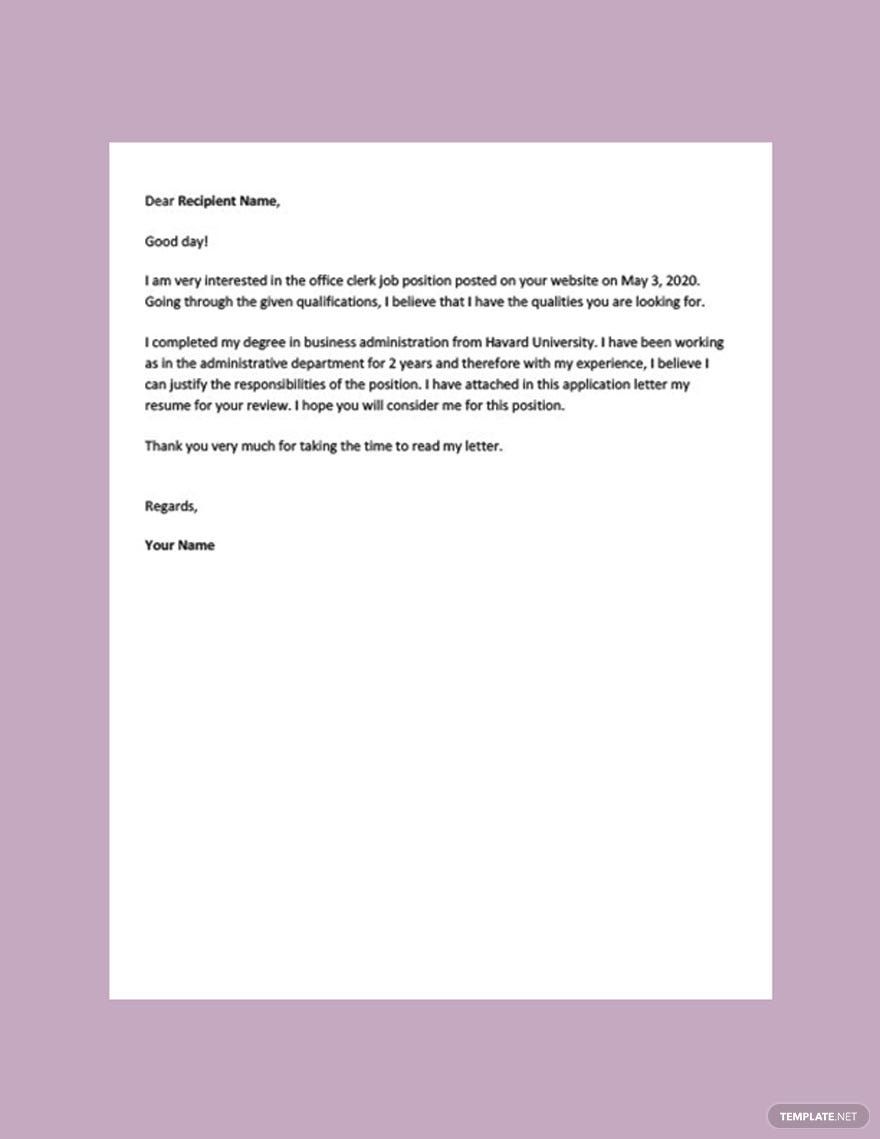 Clerk Job Application Letter Template