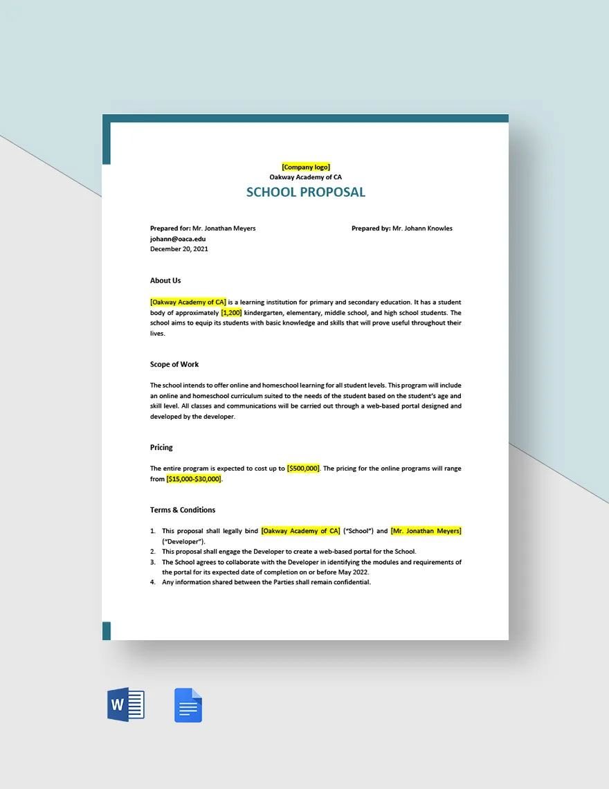 One Page School Proposal Template