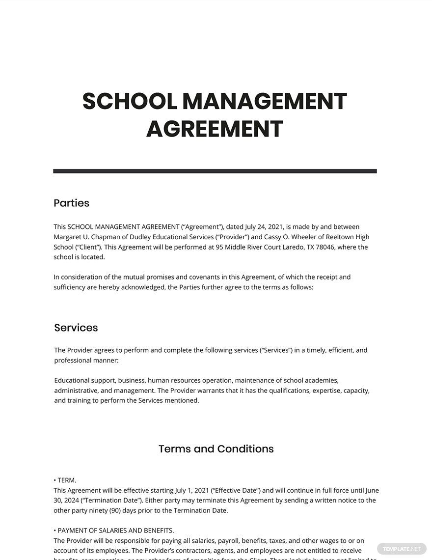 Free School Management Agreement Template
