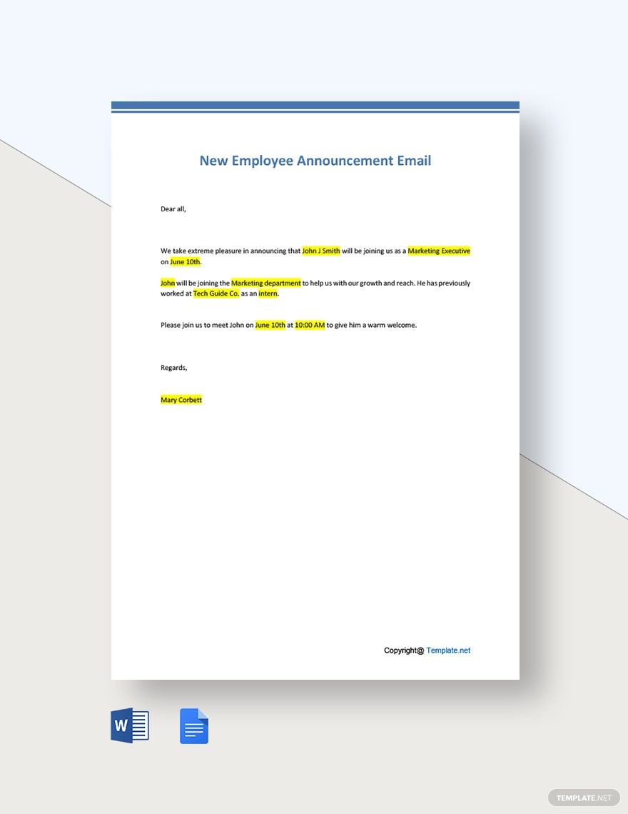 Editable New Employee Announcement Email Template