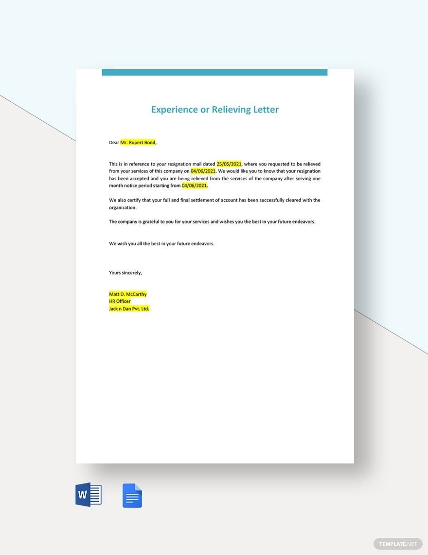 Experience or Relieving Letter