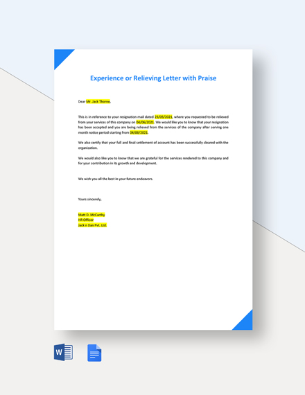 Free Experience or Relieving Letter with Praise Template - Google Docs, Word