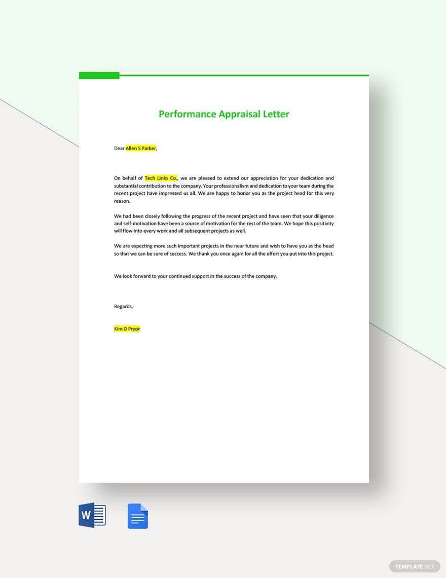 Sample Performance Appraisal Letter Template in Word, Google Docs, PDF - Download | Template.net