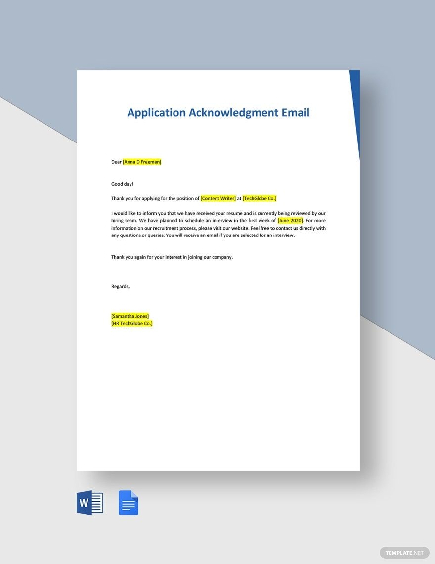 Application Acknowledgment Email Template in Word, Google Docs, PDF