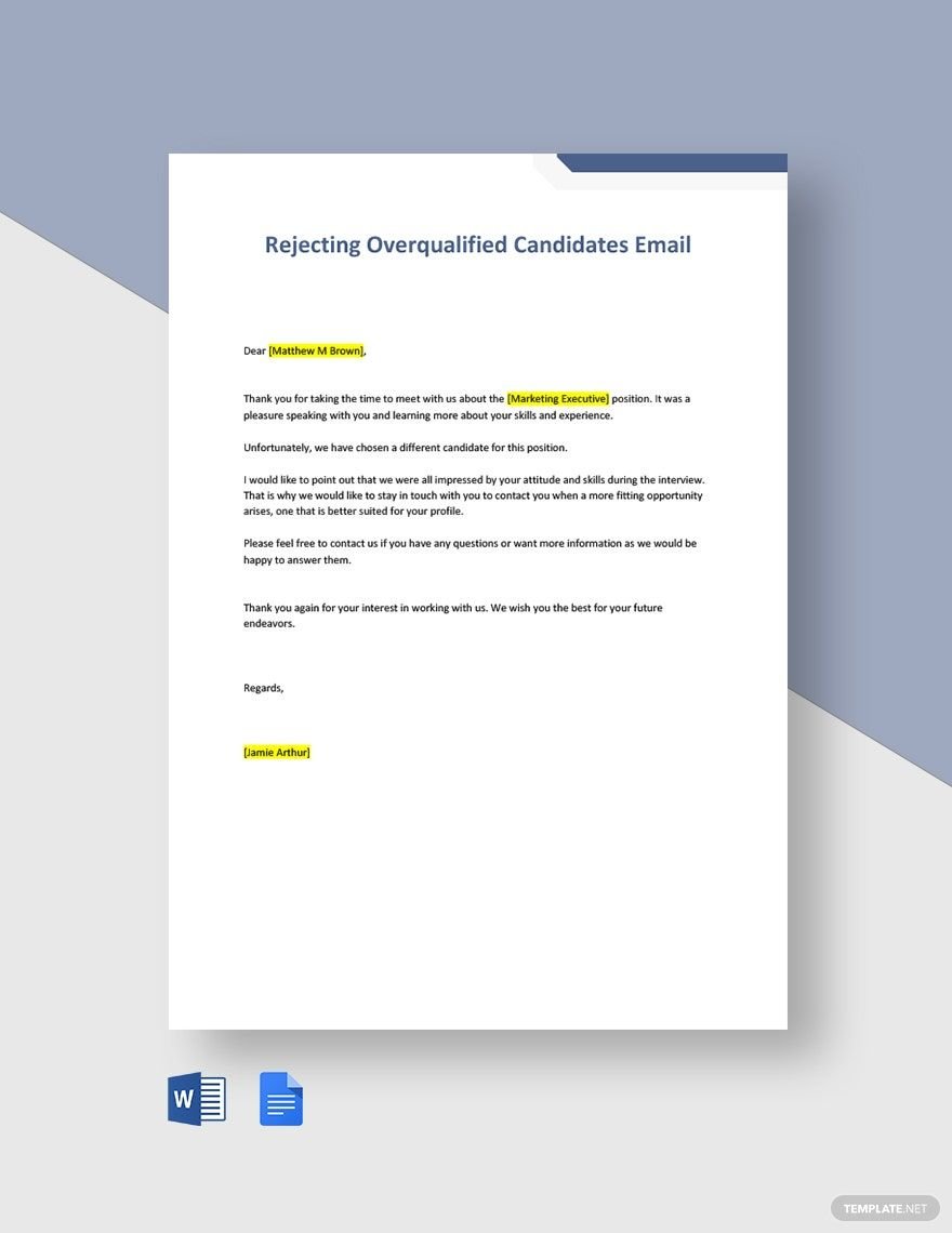 Rejecting Overqualified Candidates Email Template in Word, Google Docs, PDF