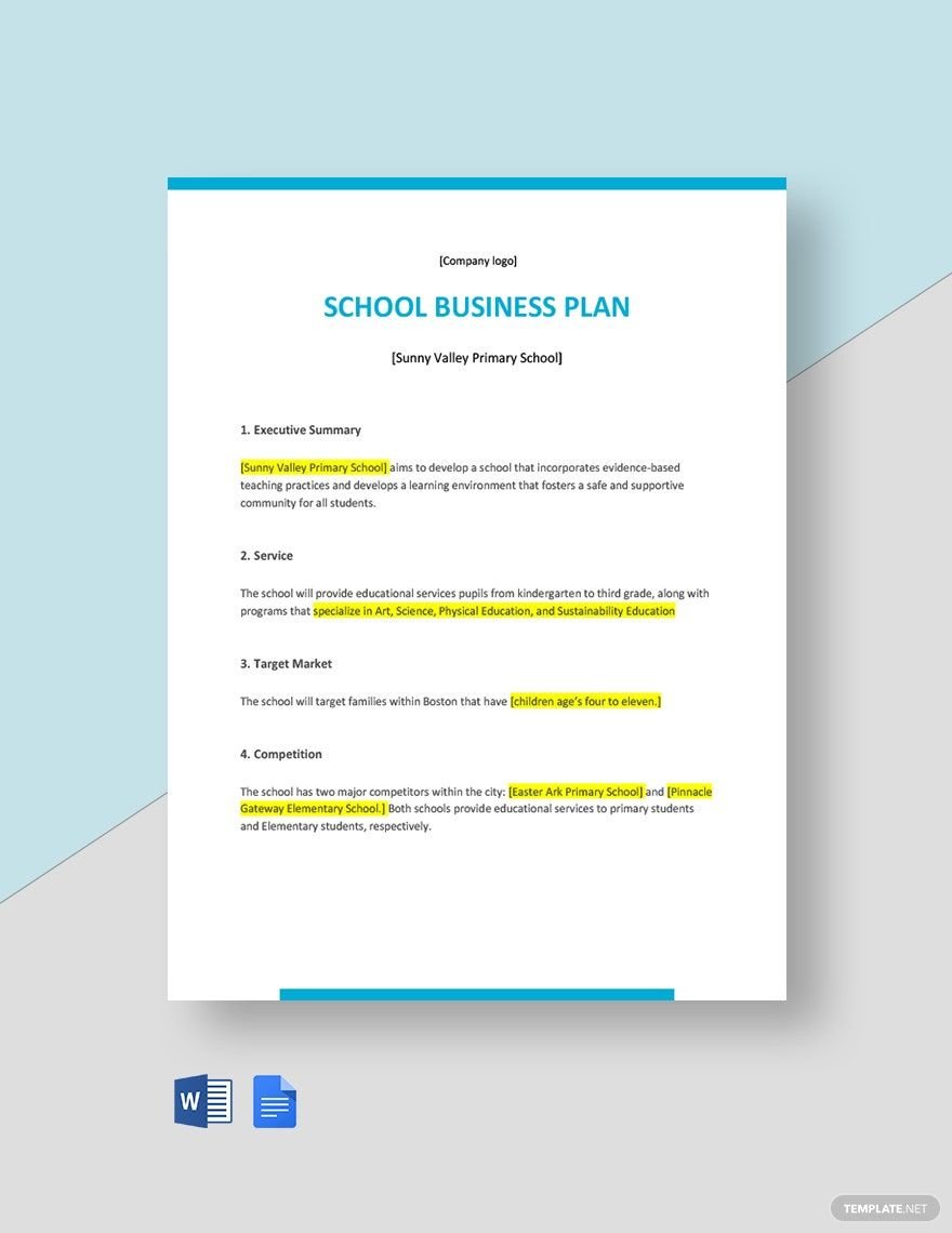One Page School Business Plan Template