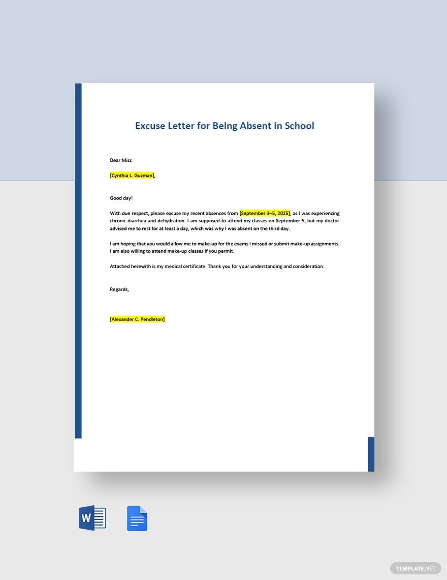 Free Excuse Letter for Being Absent in School Template