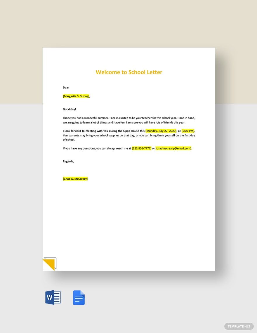 Free Welcome To School Letter Google Docs Word PDF Template