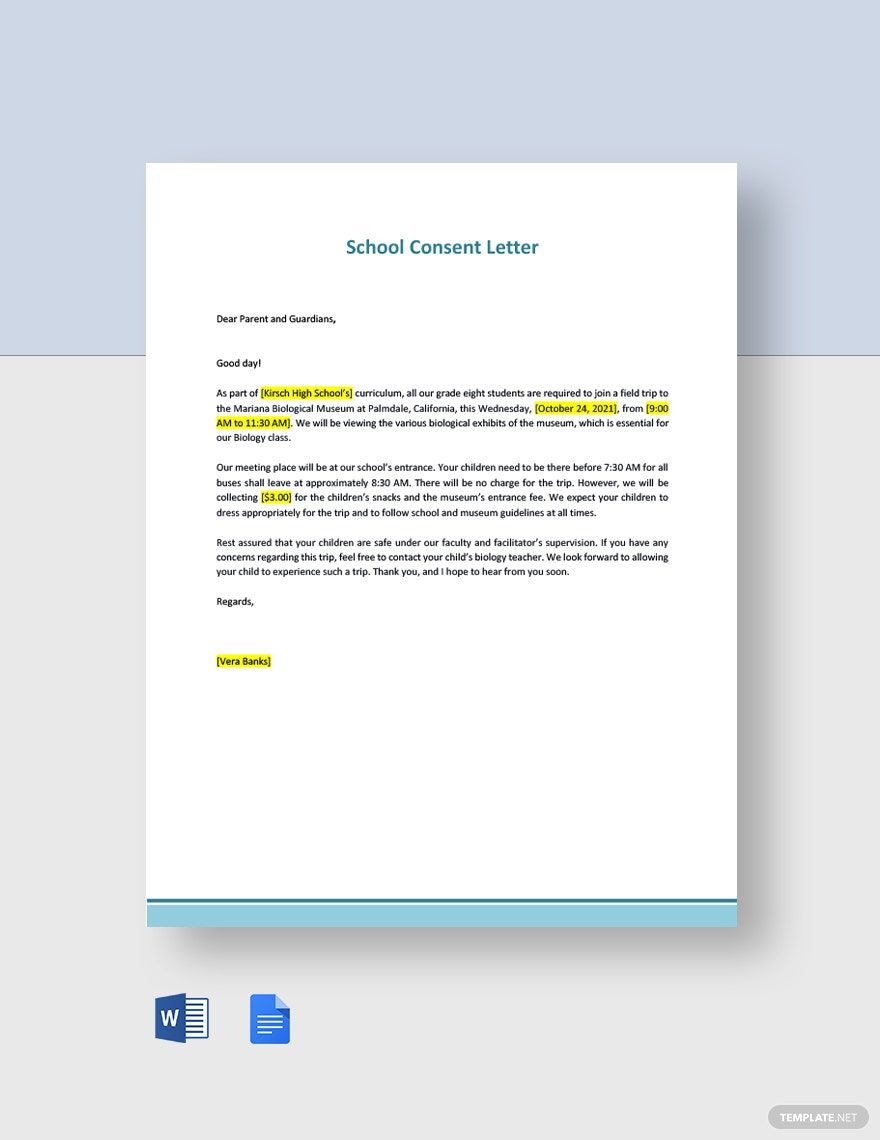 School Consent Letter In Word Google Docs Download Template