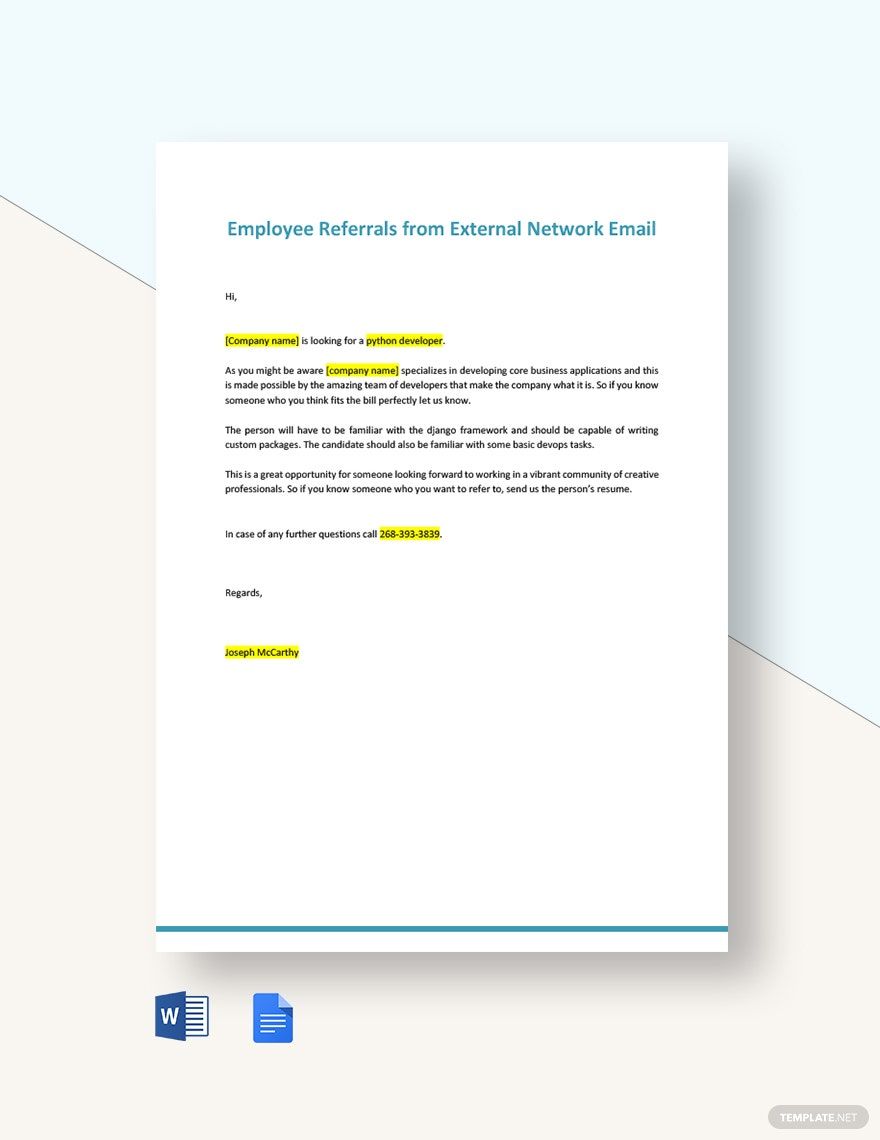 Employee Referrals from External Network Email Template in Word, Google