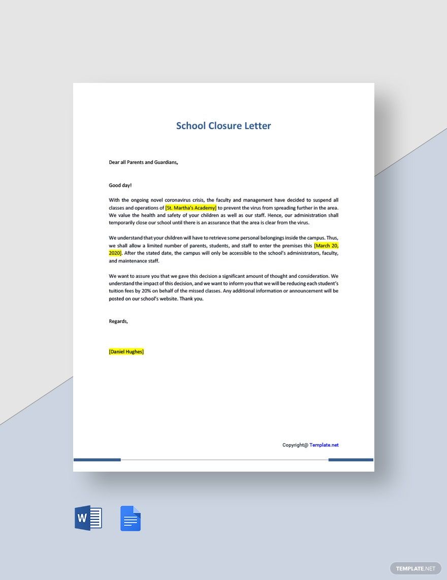 School Closure Letter in Word, Google Docs, PDF