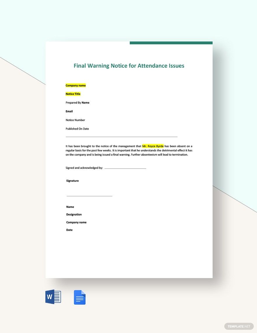 Final Warning Notice for Attendance Issues Template in Word, Google Docs