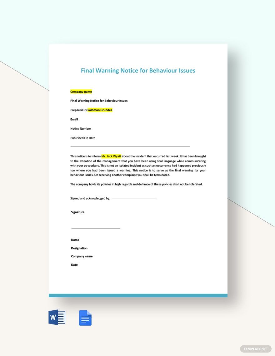 Final Warning Notice for Behaviour Issues Template in Word, Google Docs
