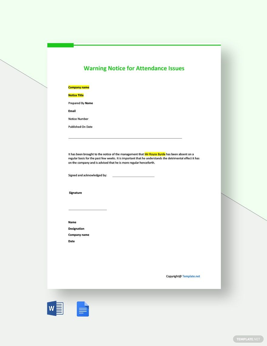 Warning Notice for Attendance Issues Template in Word, Google Docs