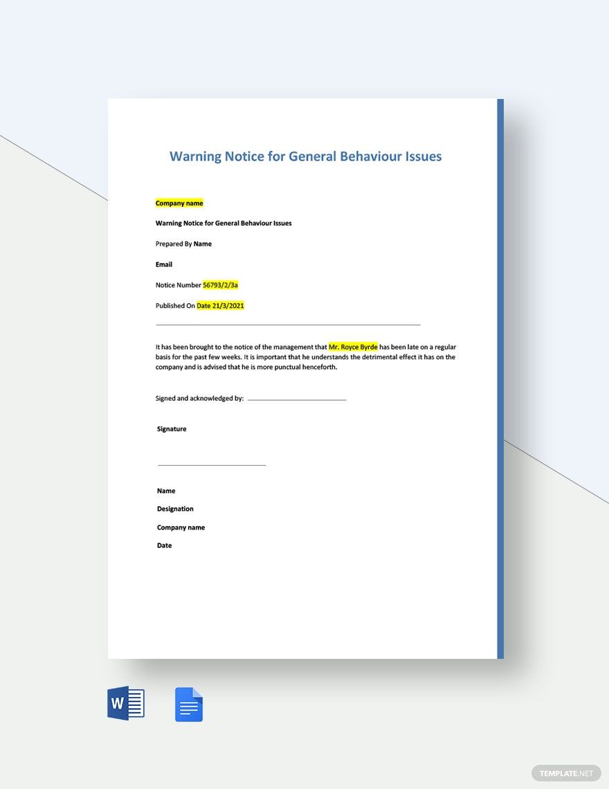 Warning Notice for General Behaviour Issues Template in Word, Google Docs
