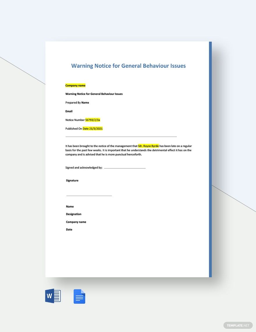 Warning Notice for General Behaviour Issues Template in Word, Google Docs - Download | Template.net