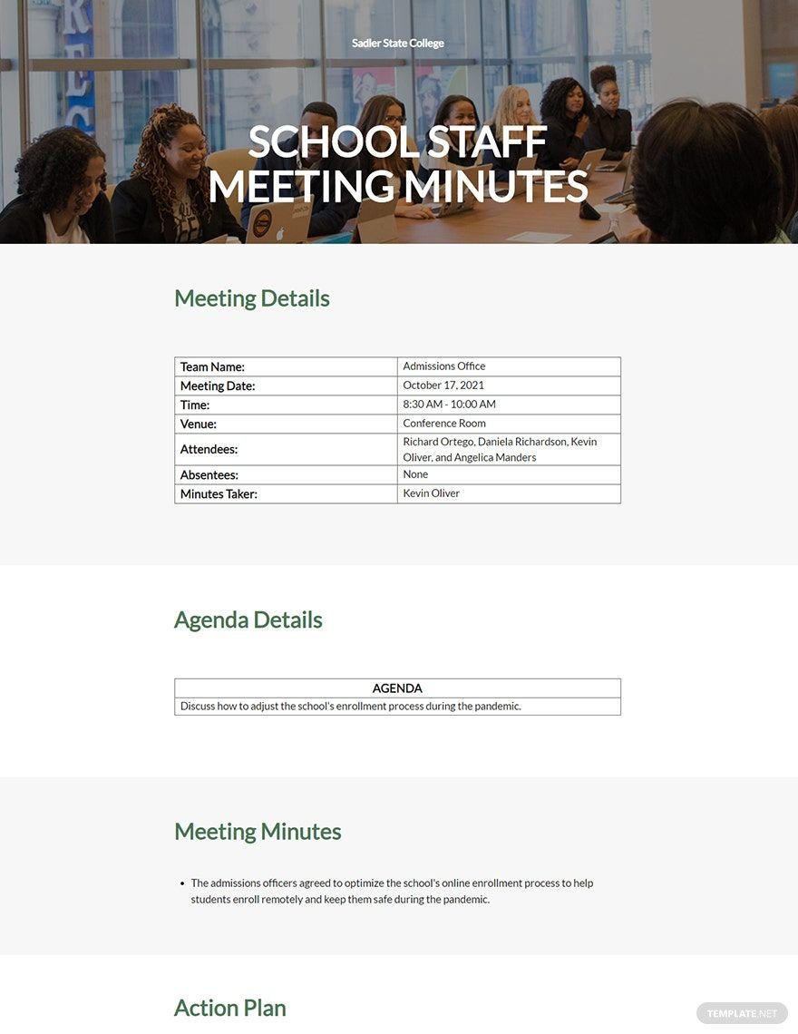 School Staff Meeting Minutes Template in Word, Google Docs, Apple Pages