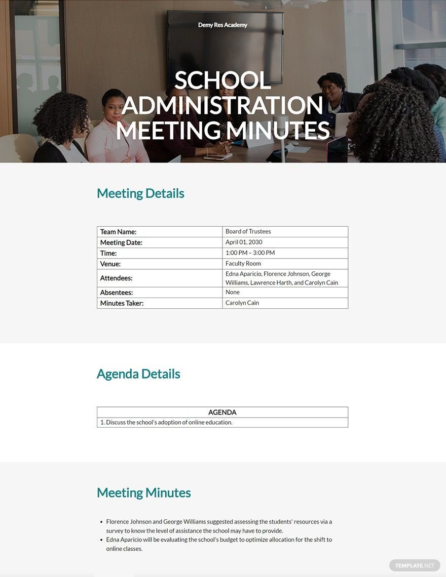 Free Basic School Meeting Minutes Template