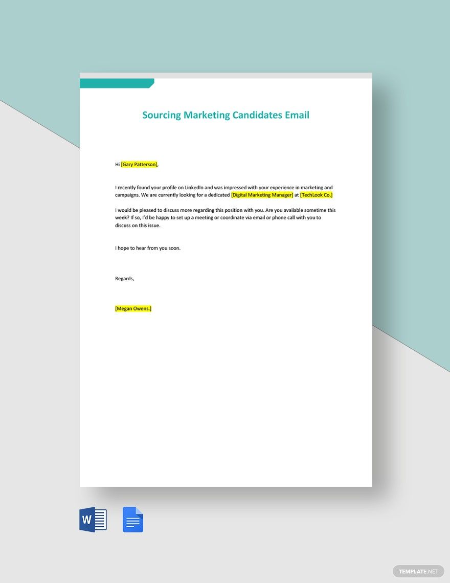Sourcing Marketing Candidates Email Template in Word, Google Docs, PDF