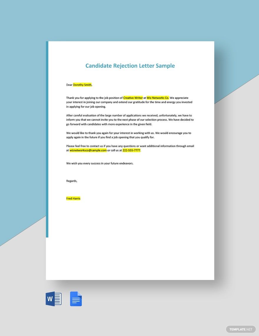 Candidate Rejection Letter Sample in Word, Google Docs, Pages, PDF - Download | Template.net