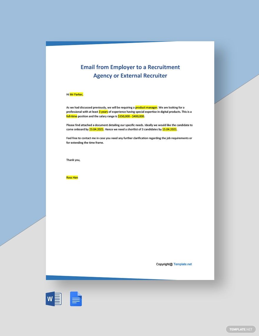 Email from Employer to a Recruitment Agency or External Recruiter Template