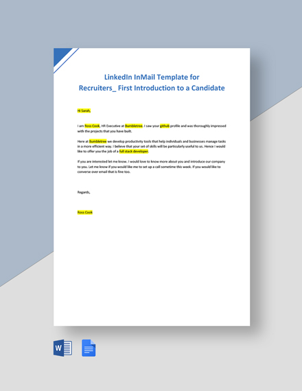 LinkedIn InMail Template for Recruiters First Introduction to a Candidate