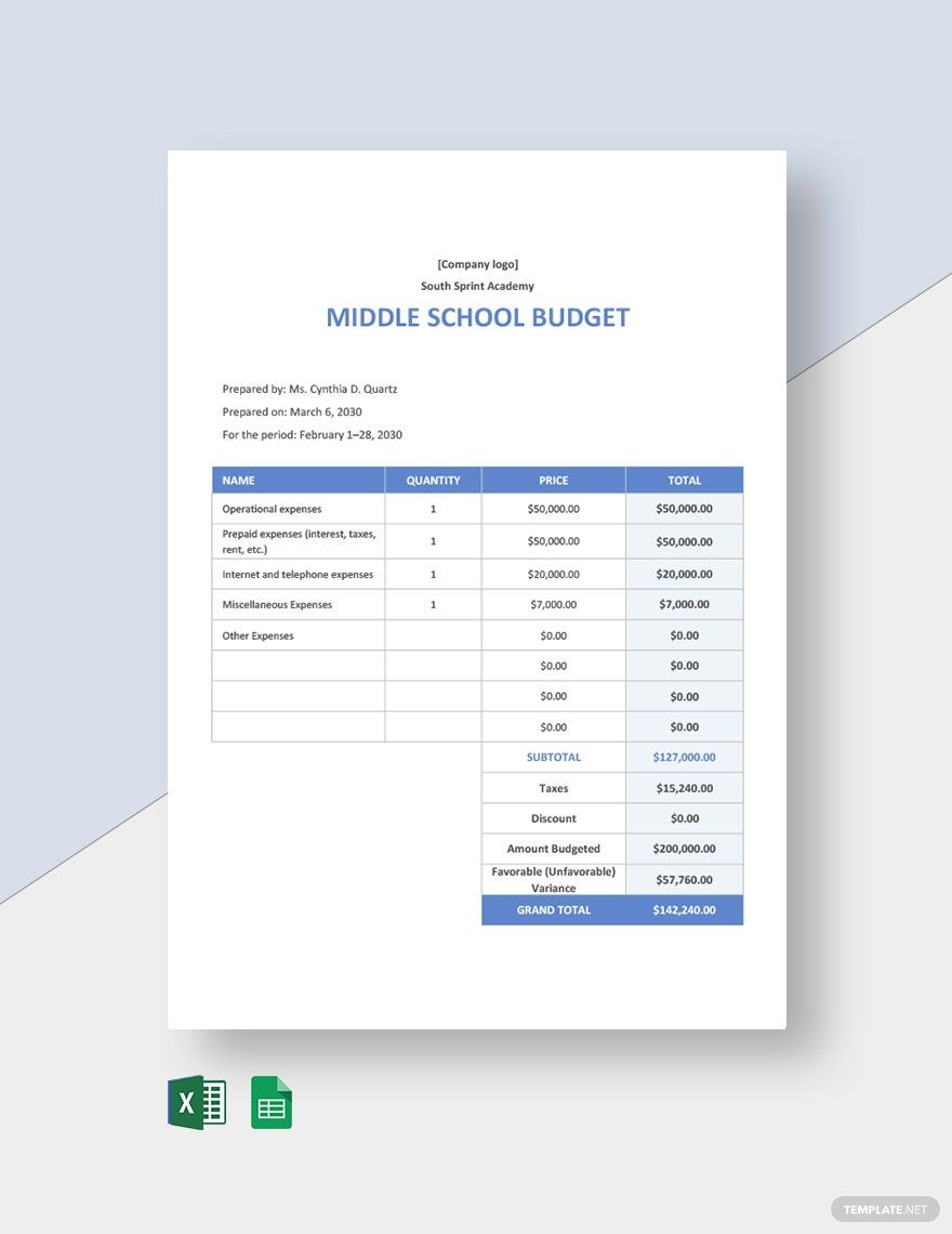 Middle School Budget Template in Word, Google Docs, Excel, Google Sheets