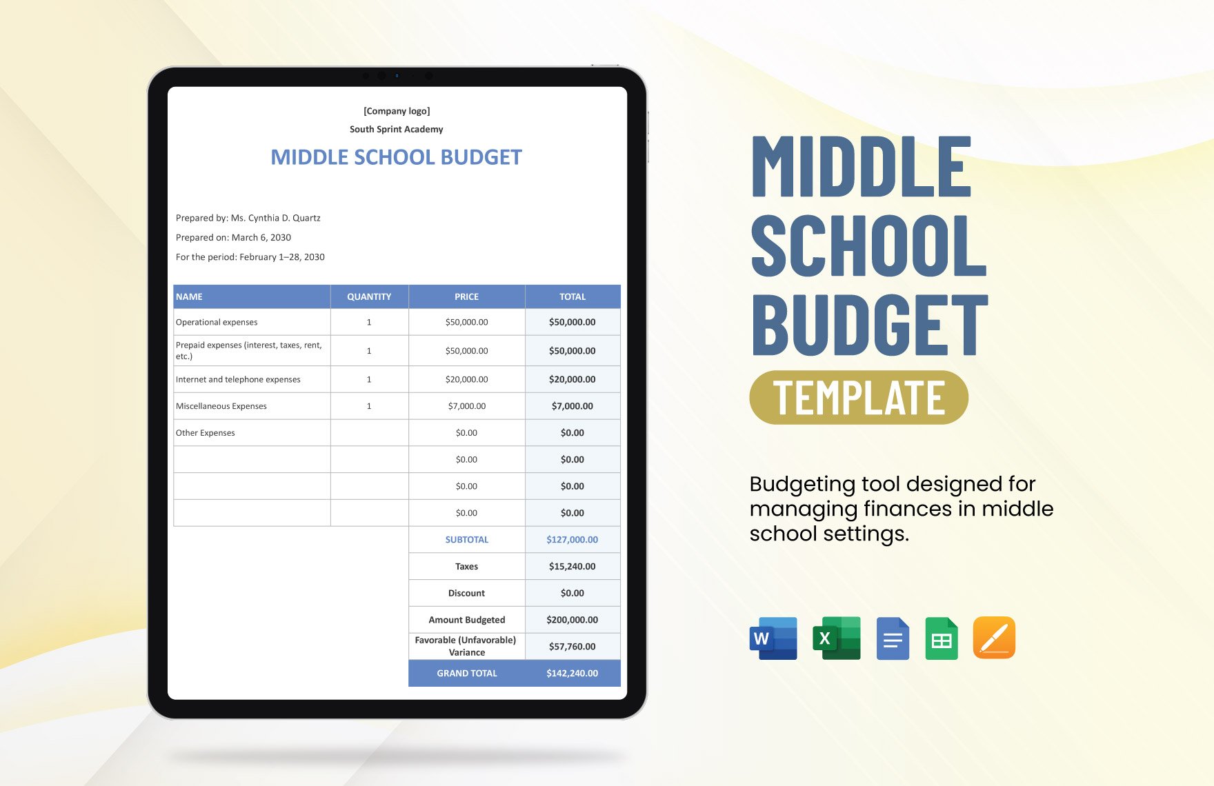 Middle School Budget Template in Word, Google Docs, Excel, Google Sheets, Apple Pages
