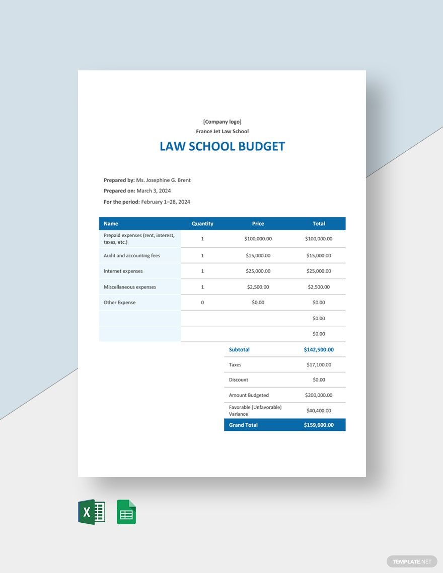 Law School Budget Template in Word, Google Docs, Excel, Google Sheets