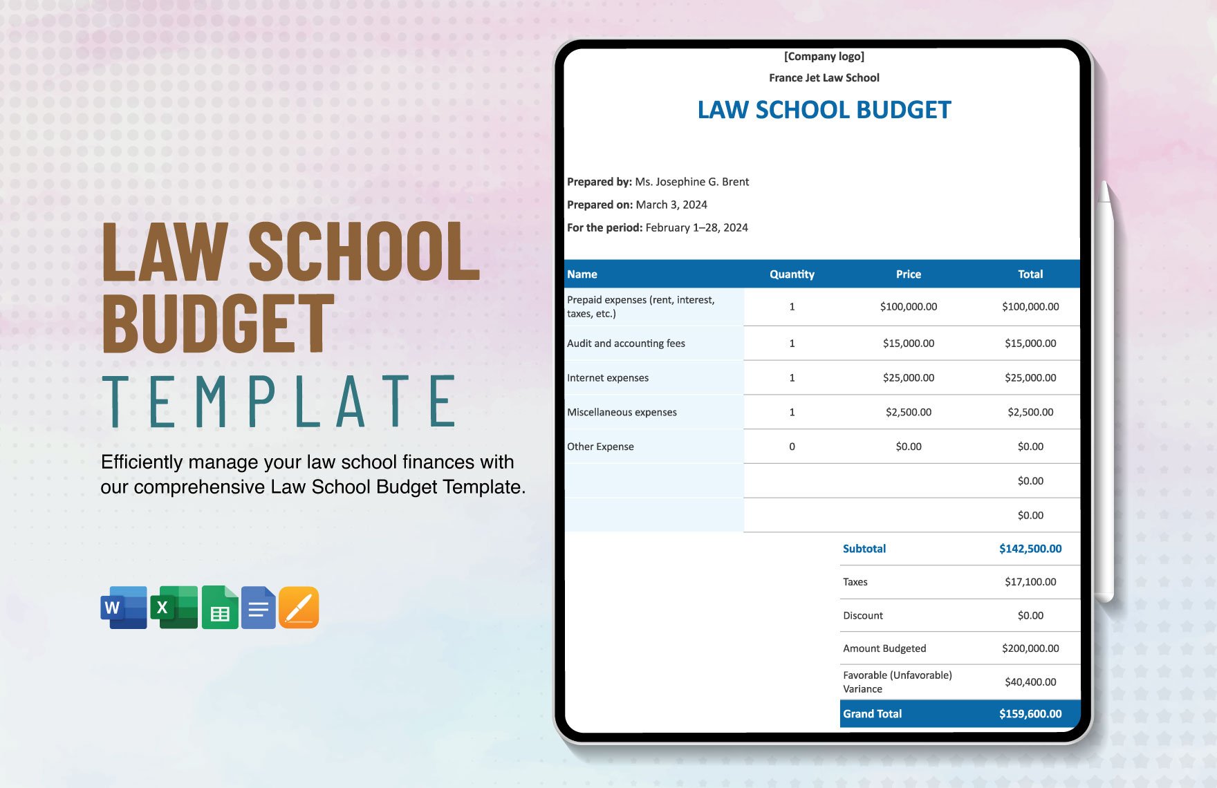 Law School Budget Template in Word, Google Docs, Excel, Google Sheets, Apple Pages