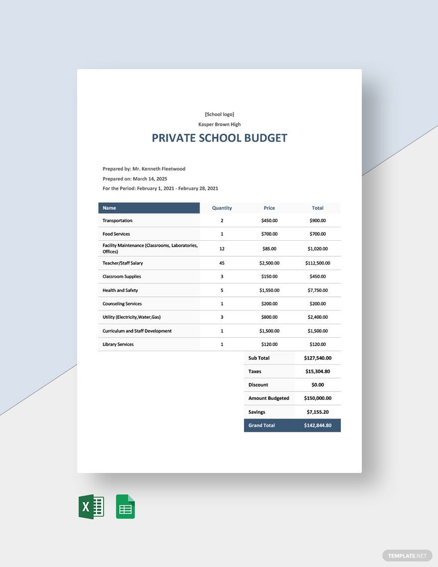 Private School Budget Template