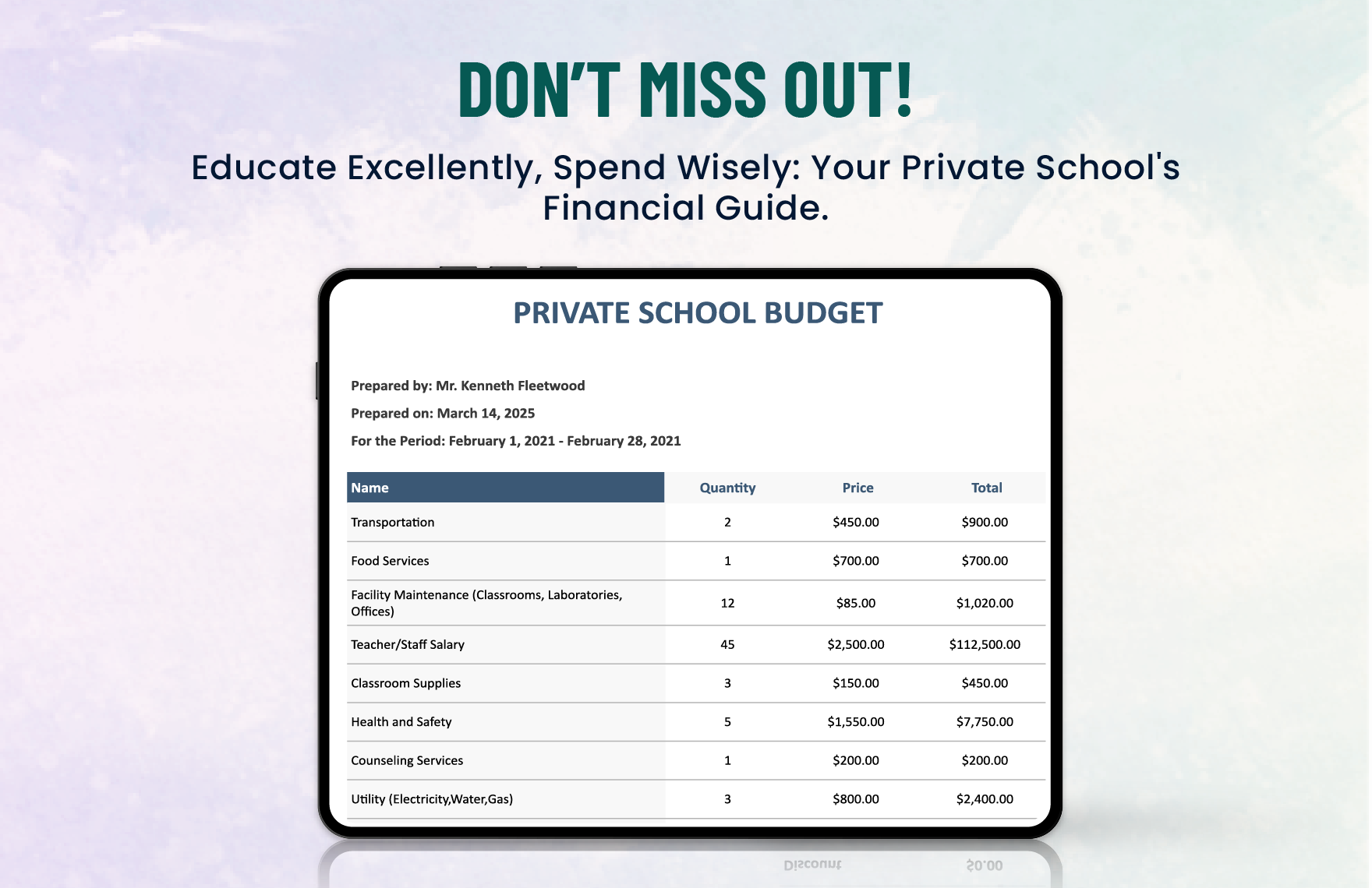 Private School Budget Template