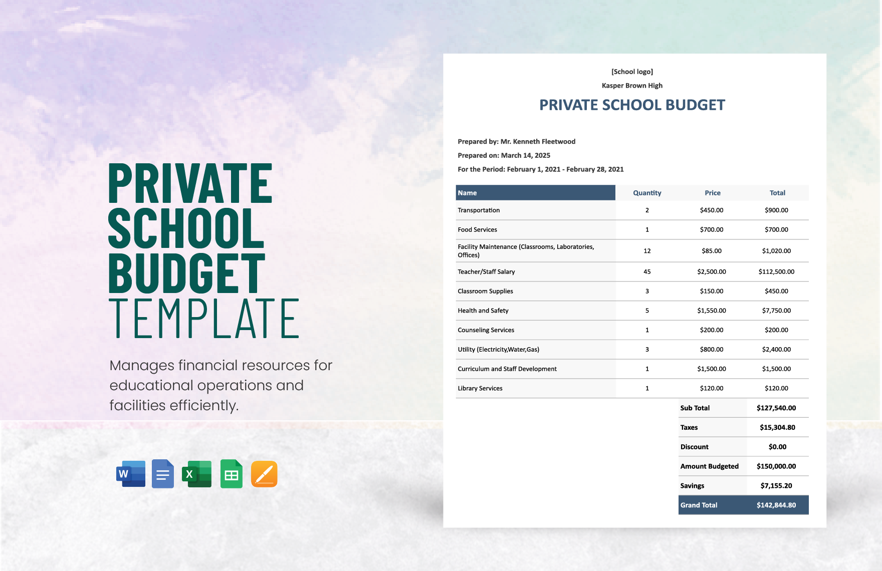 Private School Budget Template in Word, Google Docs, Excel, Google Sheets, Apple Pages