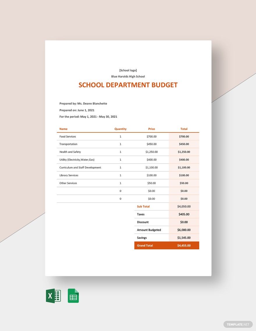 School Department Budget Template in Word, Google Docs, Excel, Google Sheets
