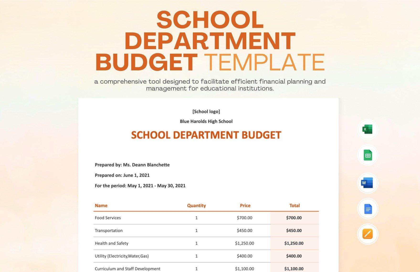 School Department Budget Template in Word, Google Docs, Excel, Google Sheets, Apple Pages