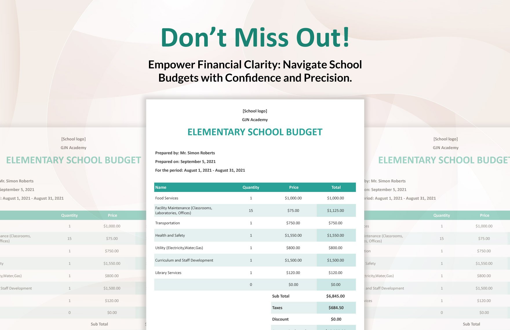 Sample Elementary School Budget Template
